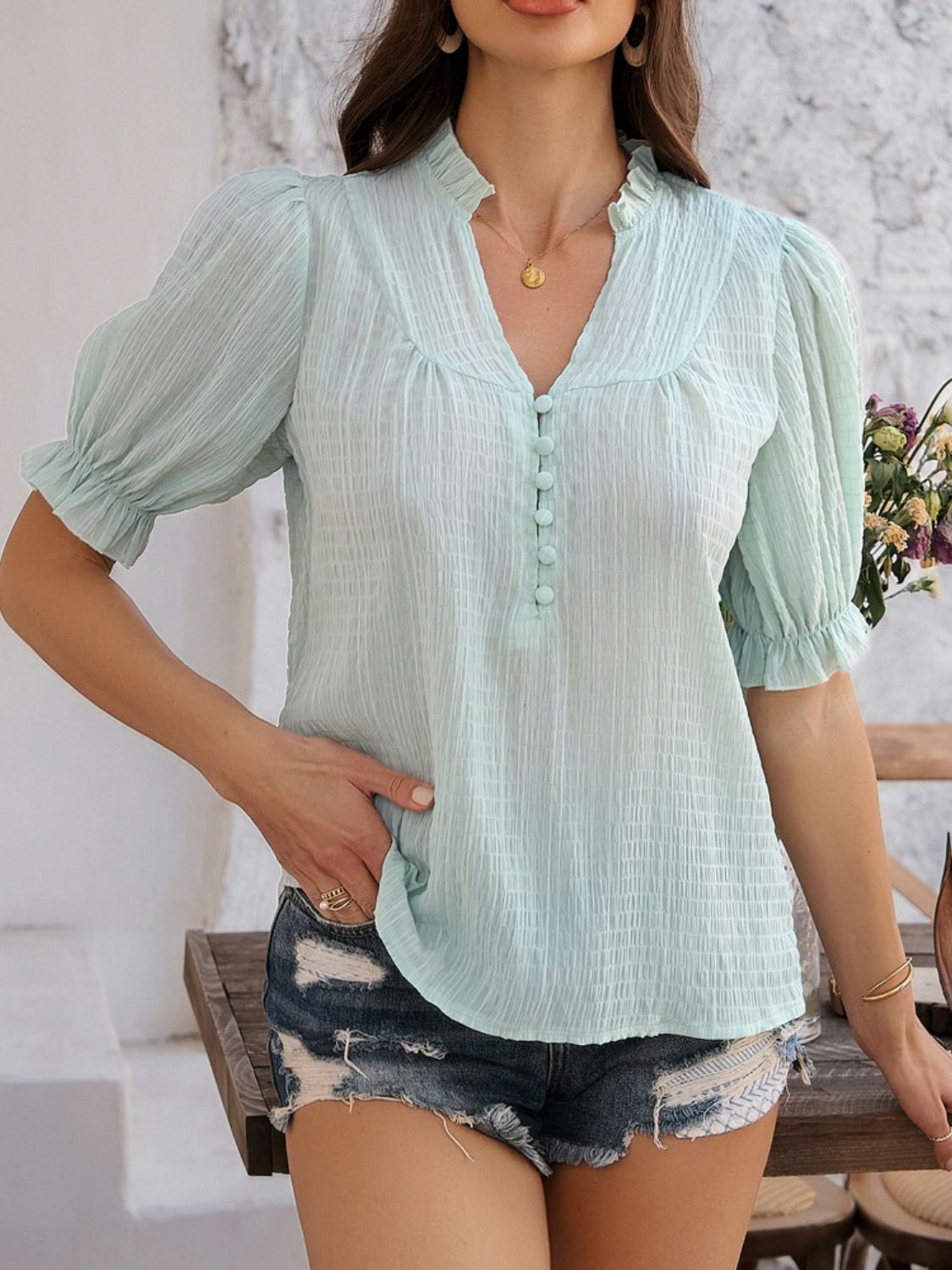 Devine Frill Notched Short Sleeve Blouse - felvior