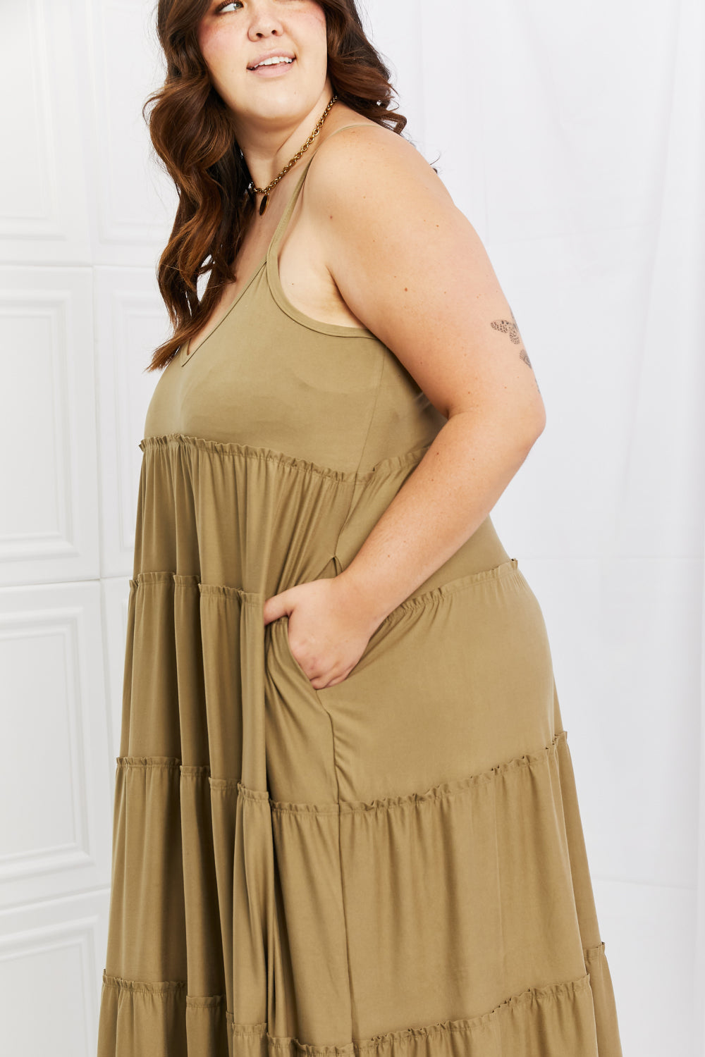Zenana Full Size Spaghetti Strap Tiered Dress with Pockets in Khaki - felvior