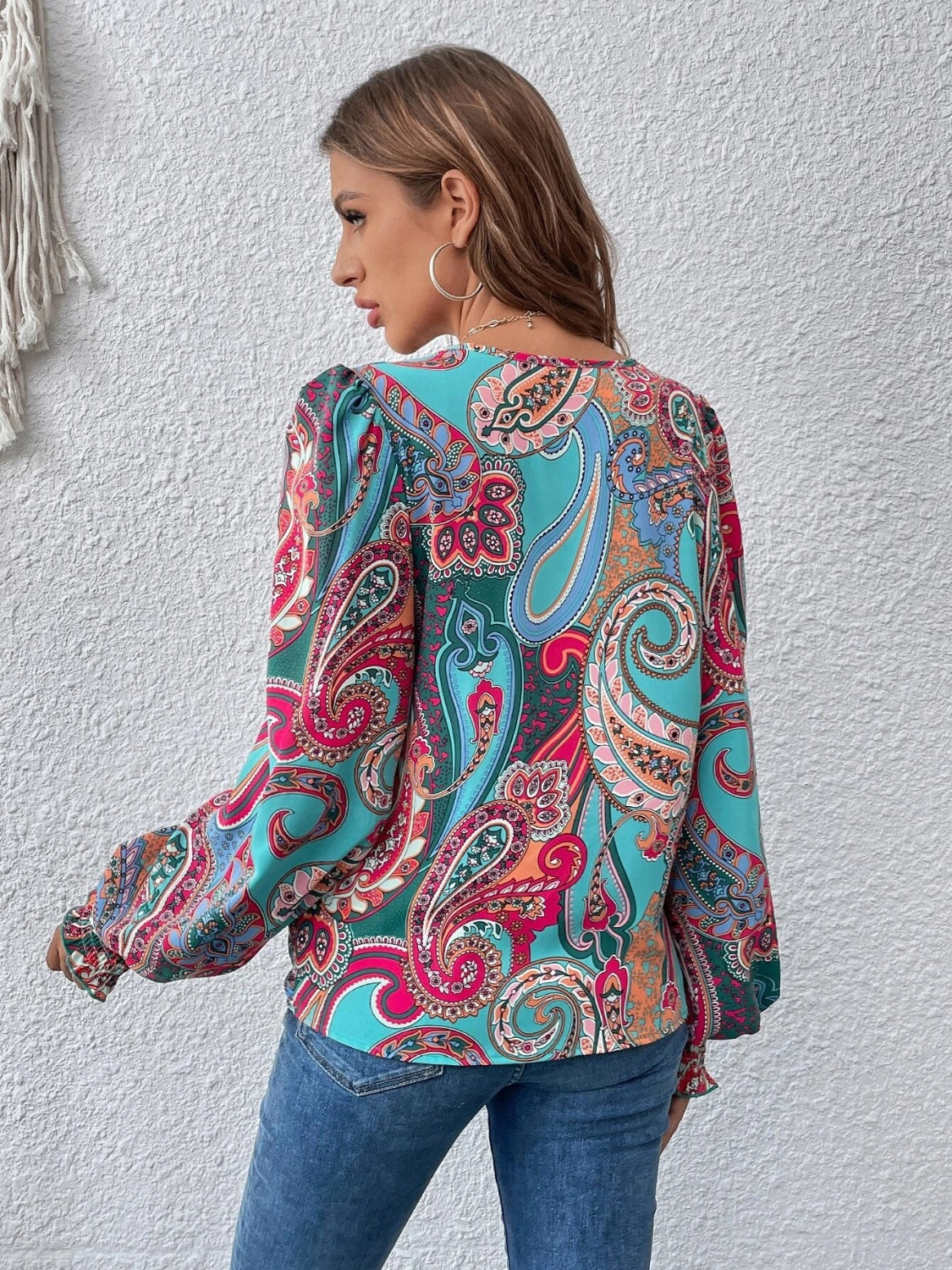 Printed Surplice Smocked Lantern Sleeve Blouse - felvior