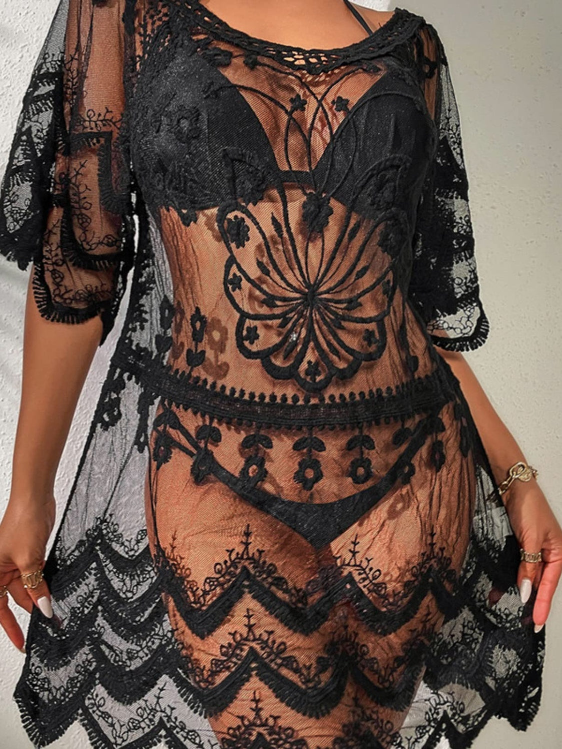 Lace Round Neck Half Sleeve Cover-Up - felvior