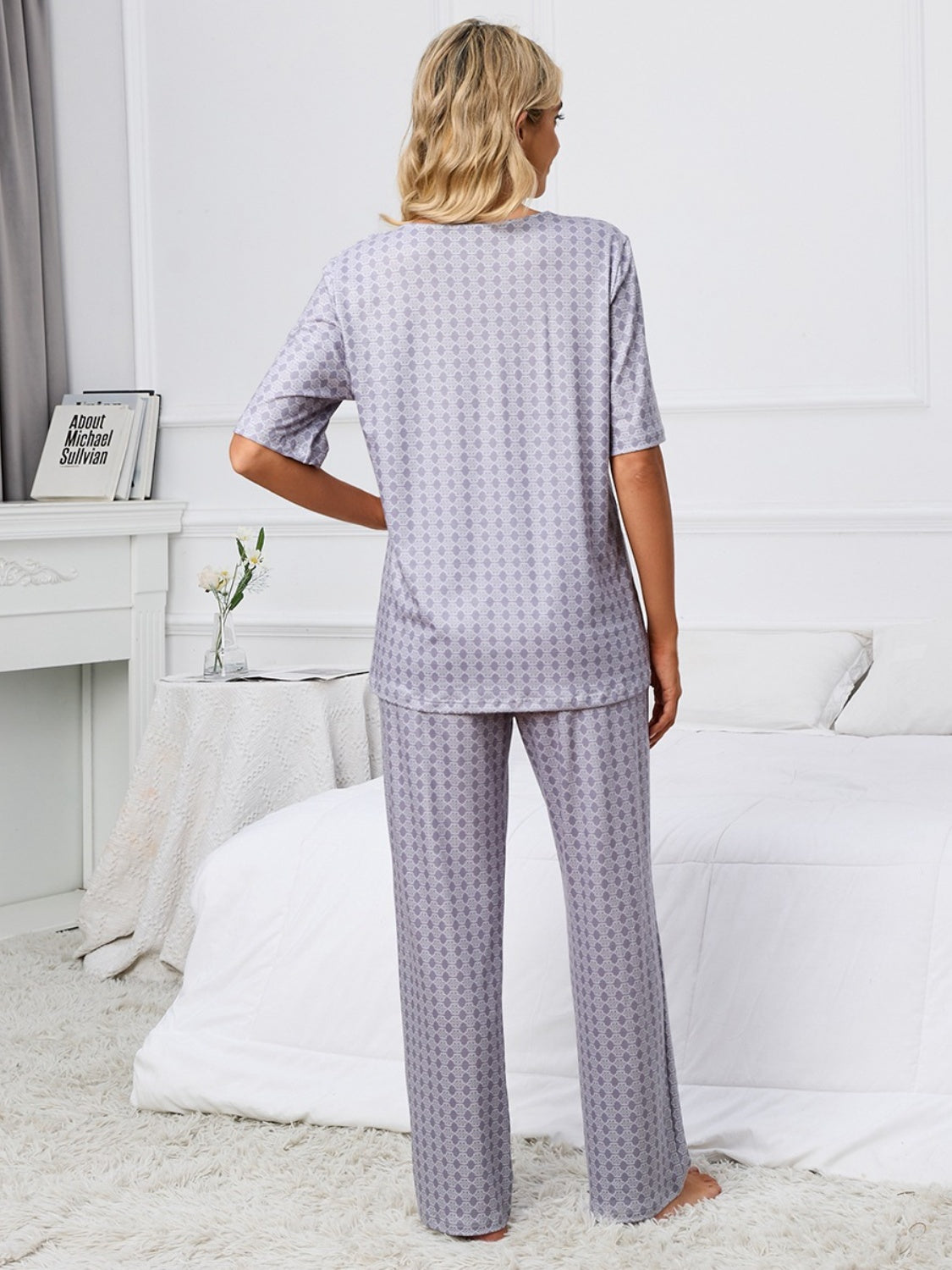 Printed V-Neck Top and Pants Lounge Set - felvior