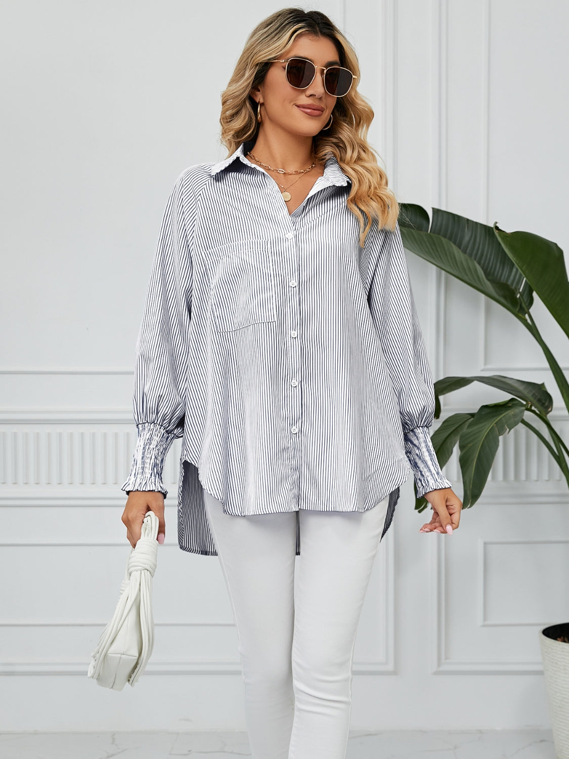 Striped Collared Neck Long Sleeve Shirt - felvior