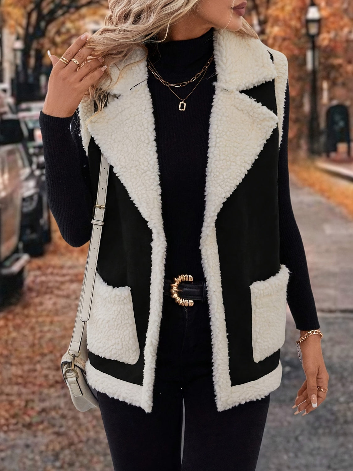 Full Size Contrast Open Front Sherpa Vest Coat - felvior
