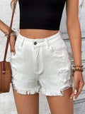 Distressed Raw Hem High Rise Denim Shorts - felvior