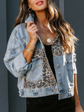 Distressed Leopard Drop Shoulder Denim Jacket - felvior