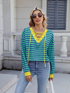 Lace-Up Striped Long Sleeve T-Shirt
