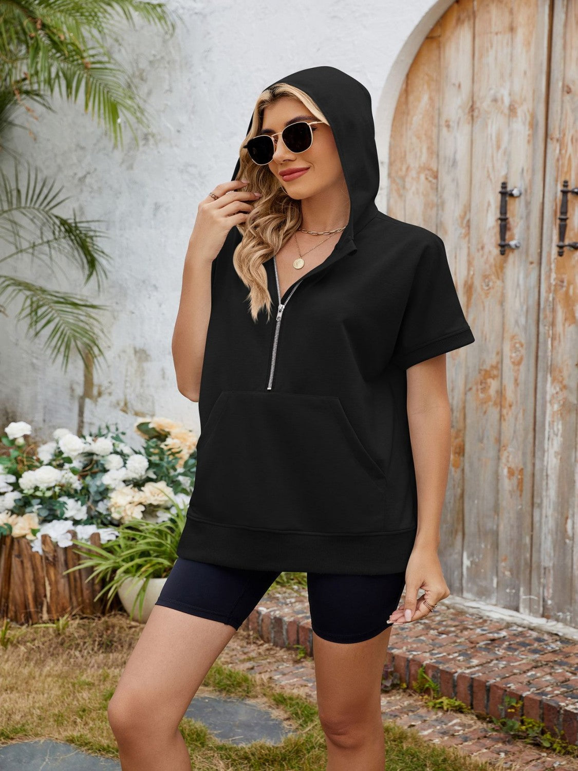 Half Zip Short Sleeve Hooded Top - felvior