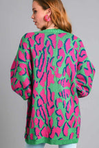 Umgee Full Size Animal Print Open Front Cardigan with Side Pockets Plus Size