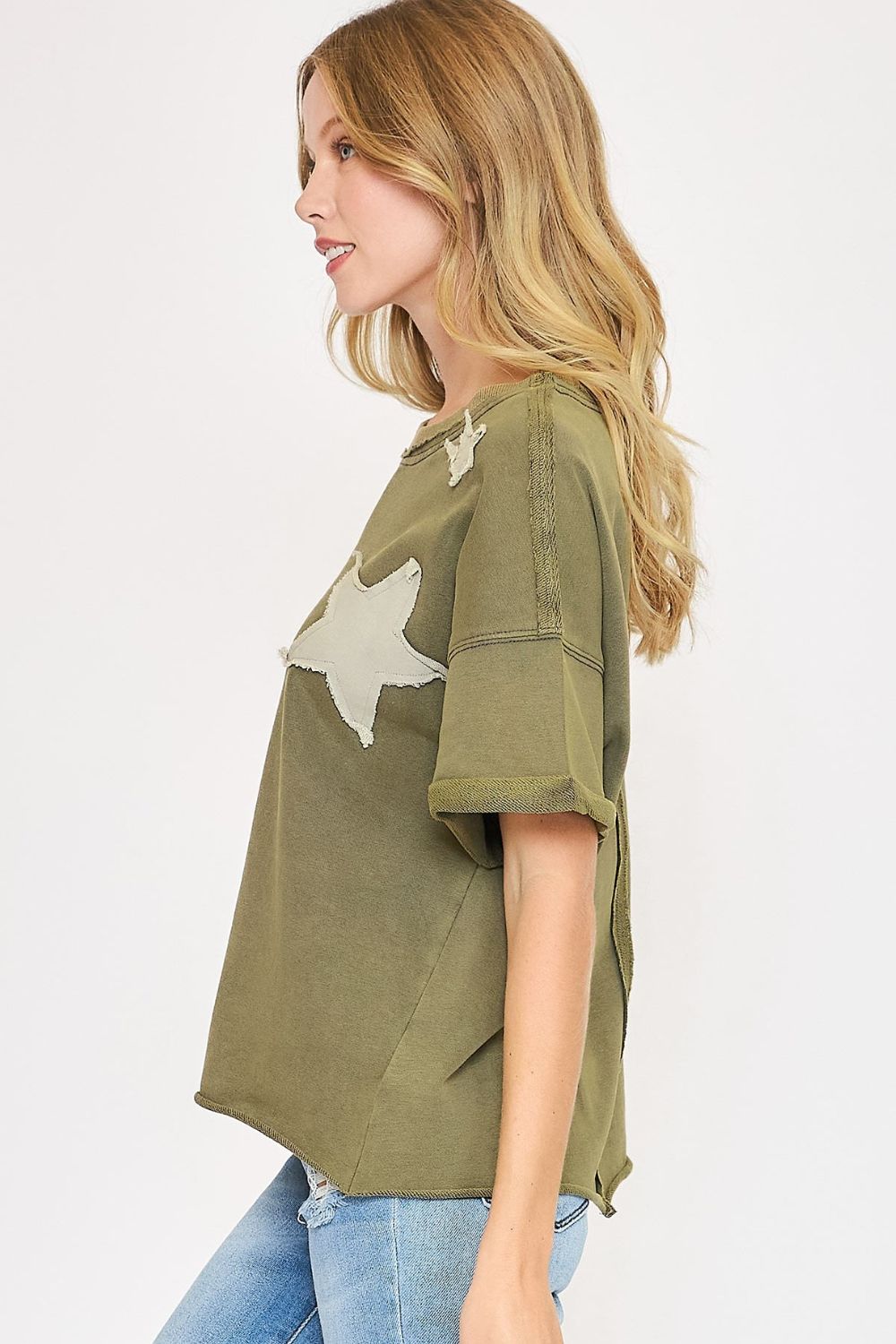 Umgee Full Size Star Patched Mineral Washed French Terry Top Plus Size