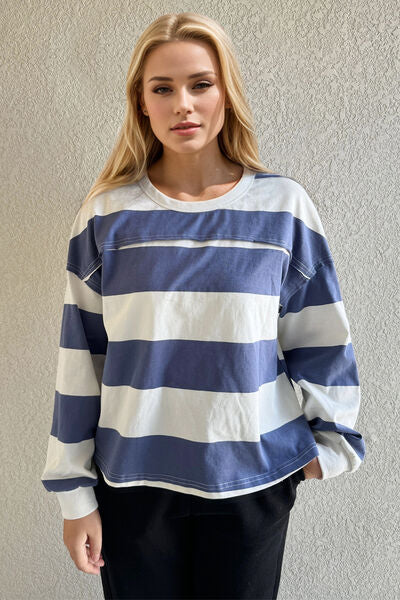 Oh Pima Cotton Wash Exposed Seam Contrast Striped Round Neck Long Sleeve T-Shirt - felvior