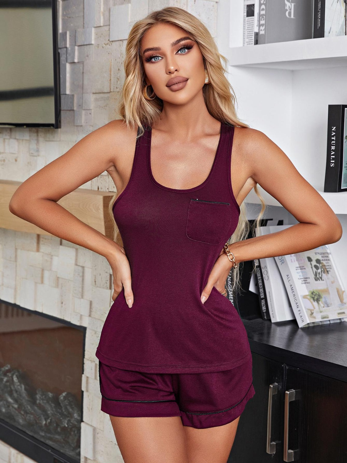 Scoop Neck Wide Strap Tank and Shorts Lounge Set - felvior