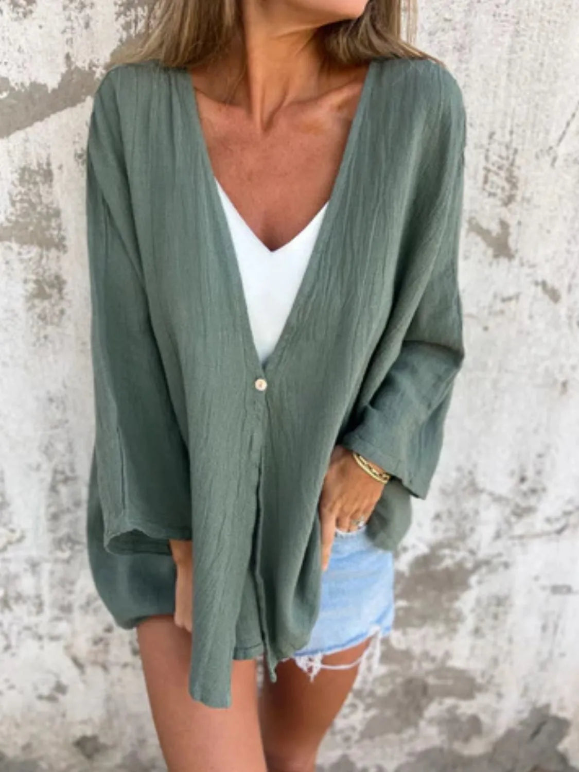 Full Size One Button Long Sleeve Shirt Plus Size