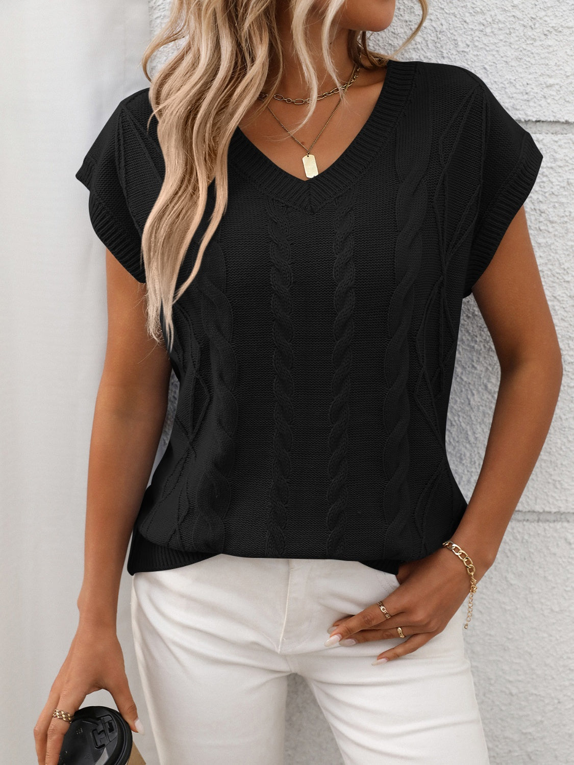 Cable-Knit V-Neck Short Sleeve Knit Top - felvior