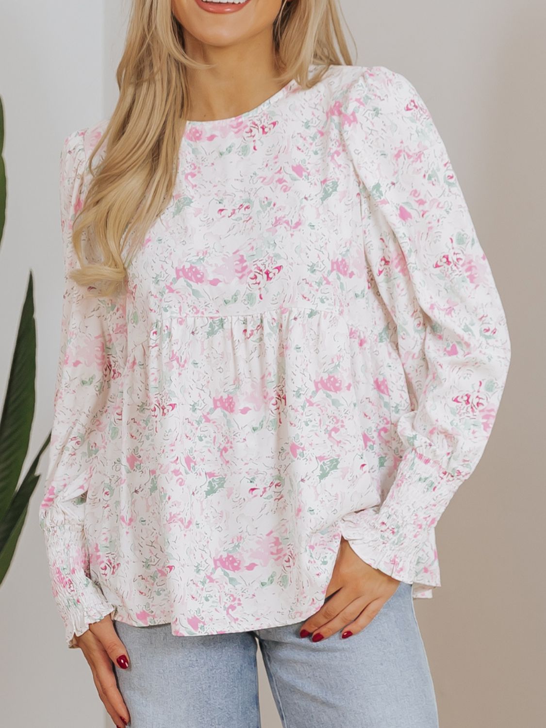 Printed Round Neck Long Sleeve Blouse - felvior