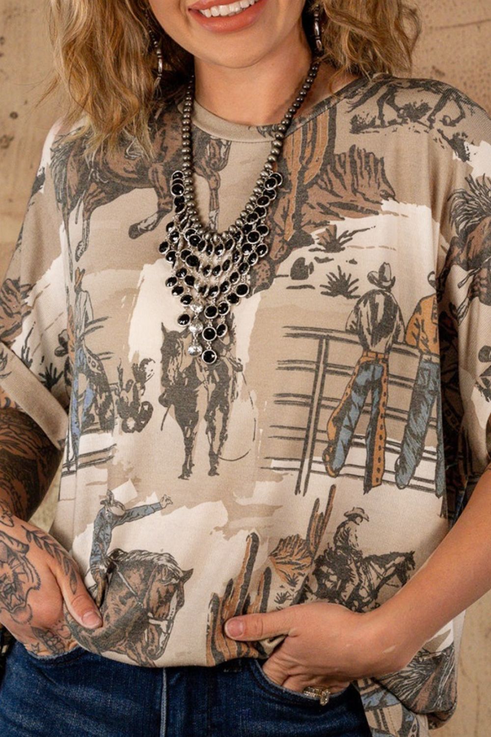 Cowboy Print Round Neck Short Sleeve T Shirt