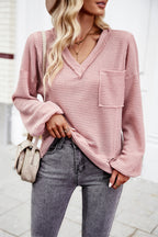 Devine Waffle-Knit V-Neck Long Sleeve Top