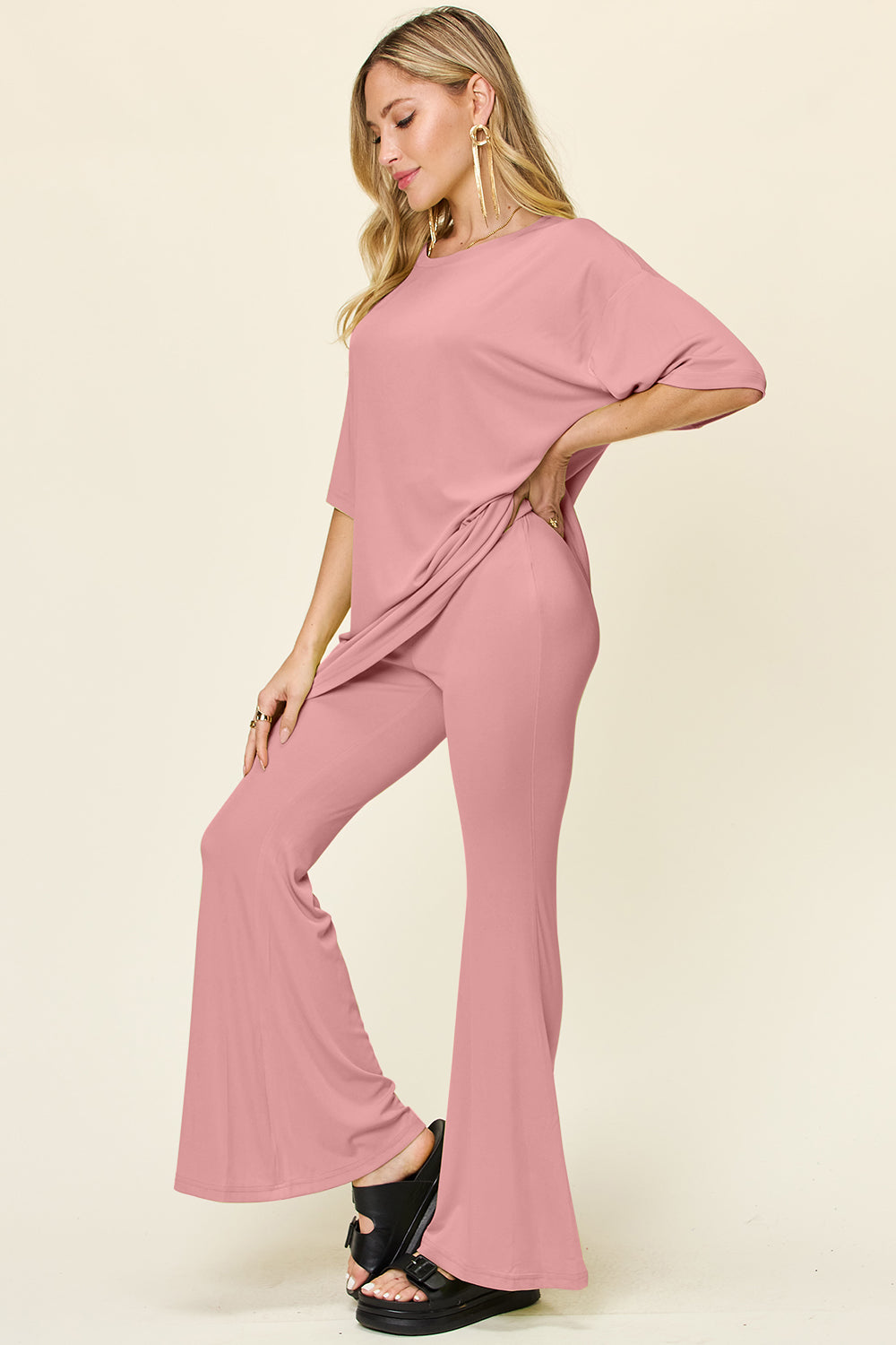 Double Take Full Size Round Neck Drop Shoulder T-Shirt and Flare Pants Set - felvior