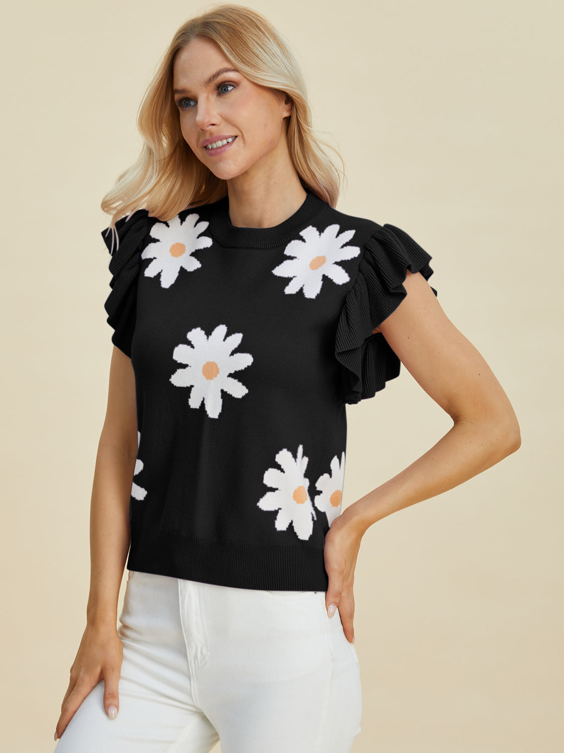 Double Take Full Size Ruffled Flower Round Neck Cap Sleeve Sweater - felvior