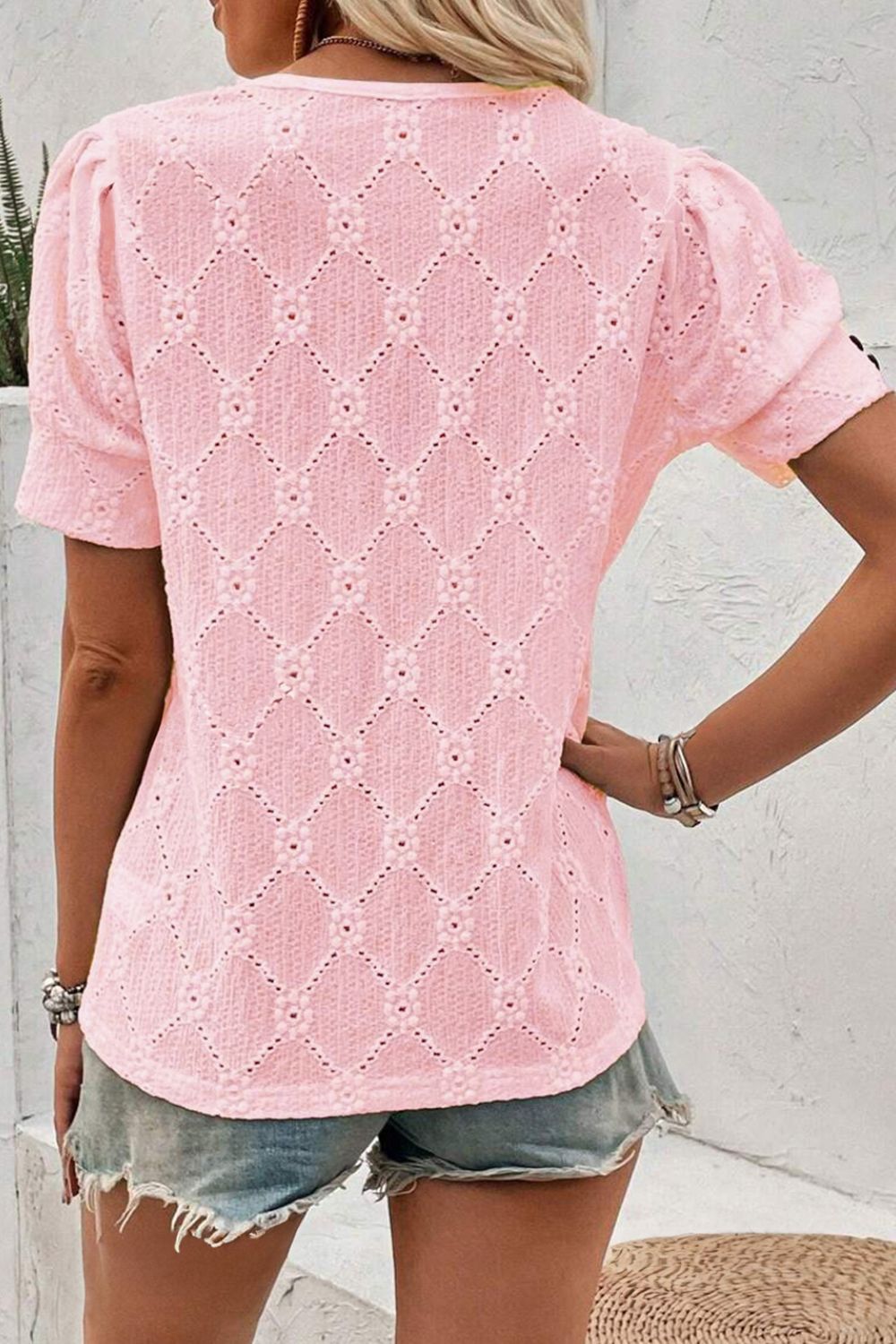 Flower Geometric Textured Short Sleeve Top