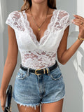 Perfee Lace Backless V-Neck Cap Sleeve Bodysuit - felvior
