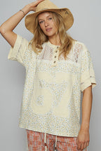 POL Number Floral Crochet Button Detail Half Sleeve Top
