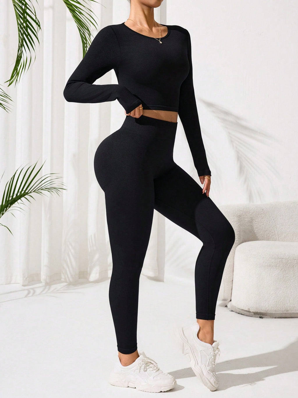 Lace-Up Back Round Neck Top and Leggings Active Set