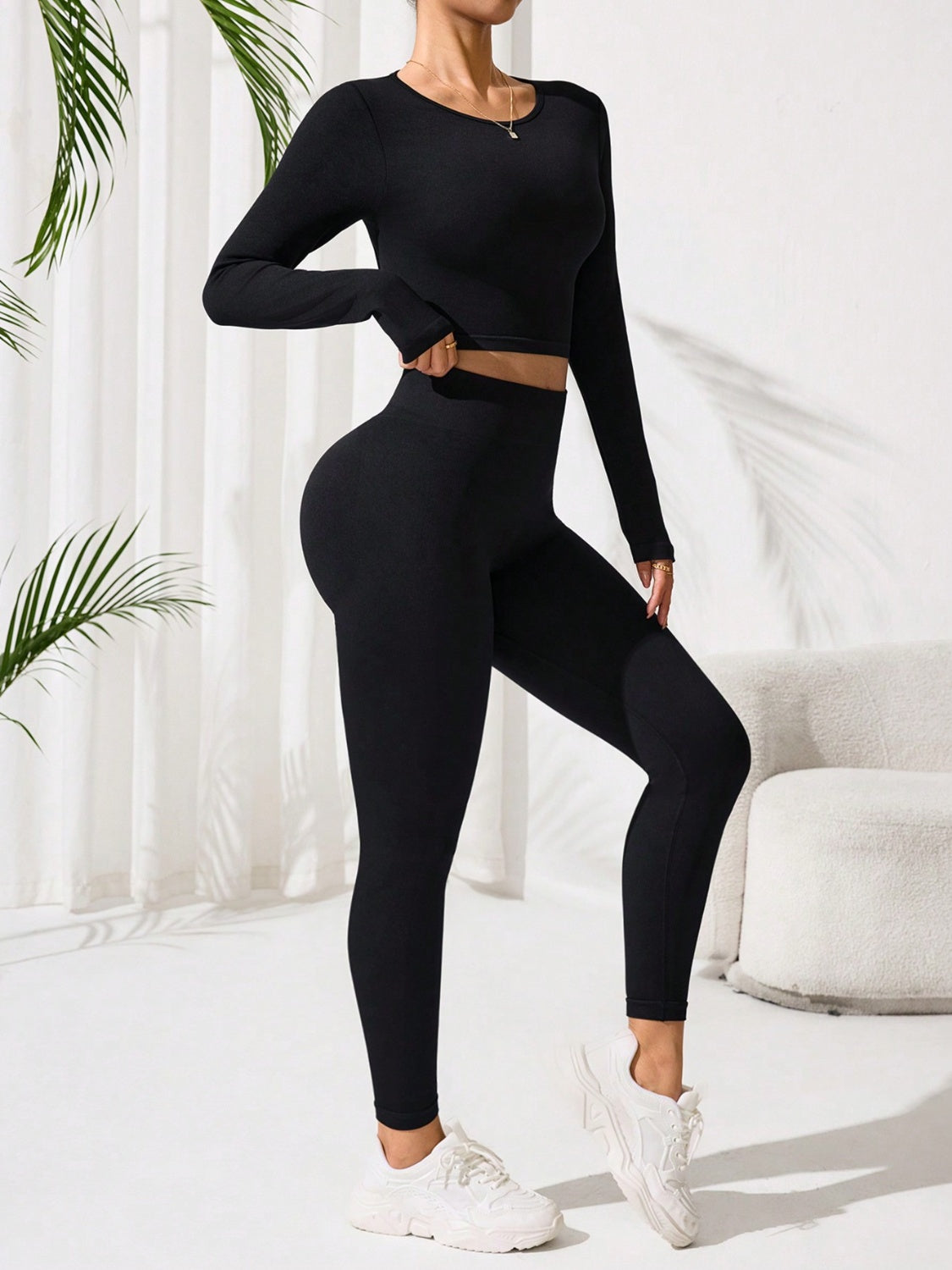 Lace-Up Back Round Neck Top and Leggings Active Set - felvior