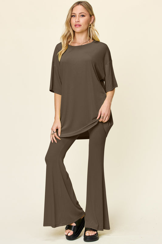 Double Take Full Size Round Neck Drop Shoulder T-Shirt and Flare Pants Set - felvior