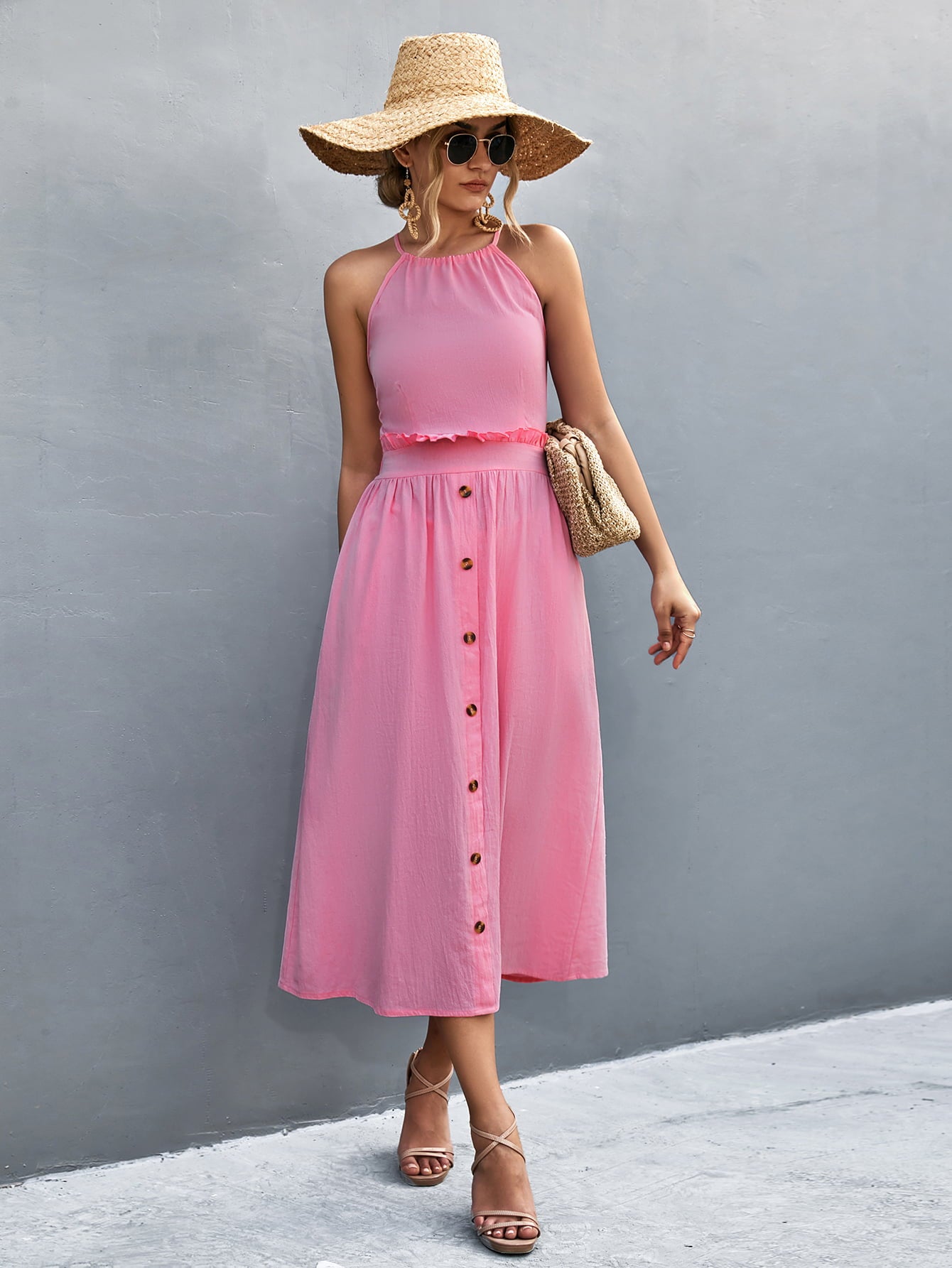 Buttoned Halter Neck Frill Trim Midi Dress - felvior