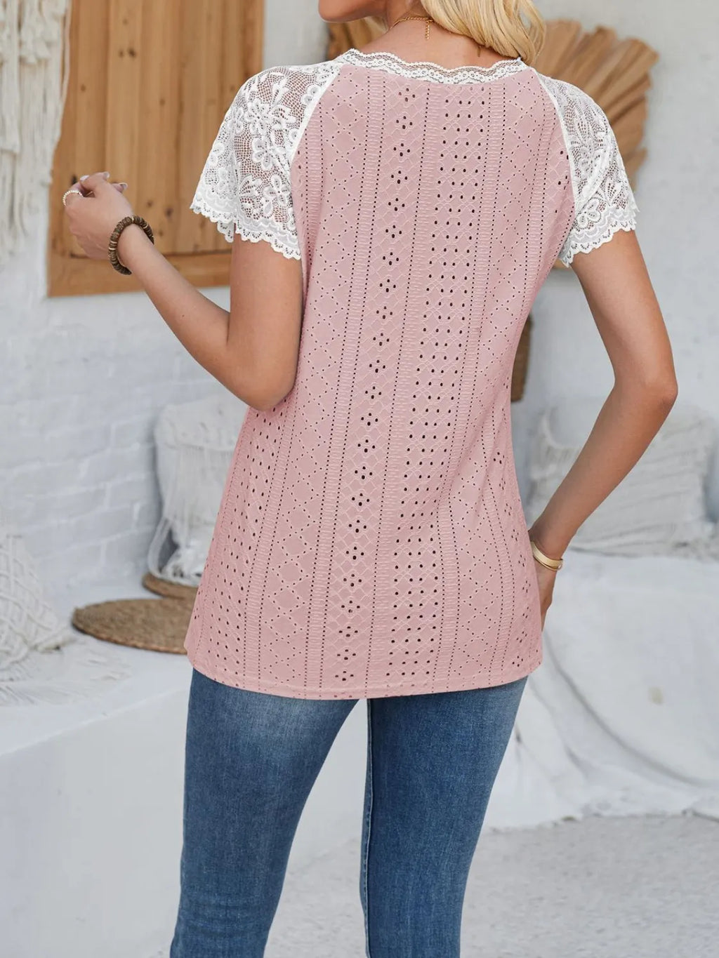 Eyelet Lace Detail V-Neck Short Sleeve Top