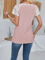 Eyelet Lace Detail V-Neck Short Sleeve Top