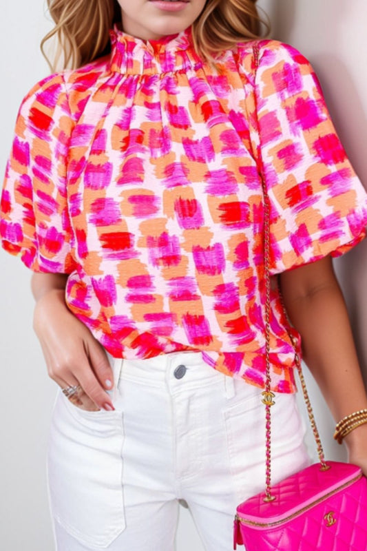 Abstract Print Button Back Ruffed Mock Neck Blouse - felvior