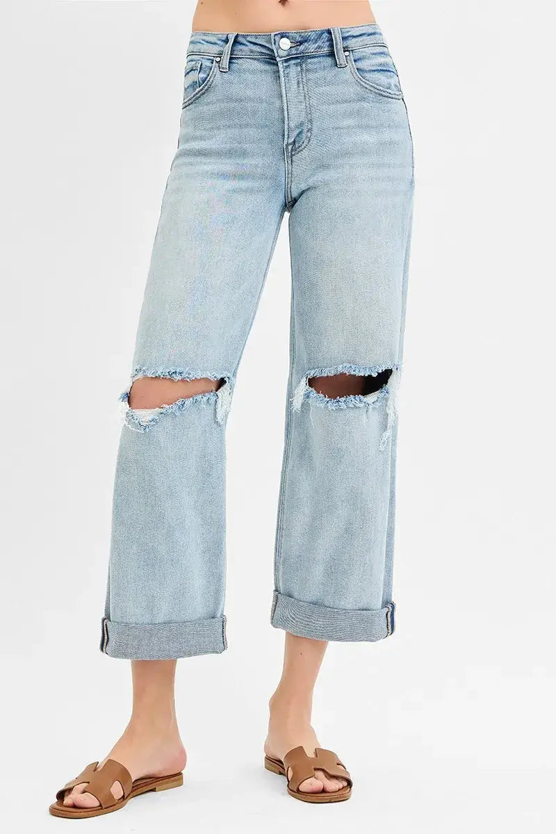 RISEN Full Size Mid Rise Fit Boyfriend Jeans with Cuff Plus Size