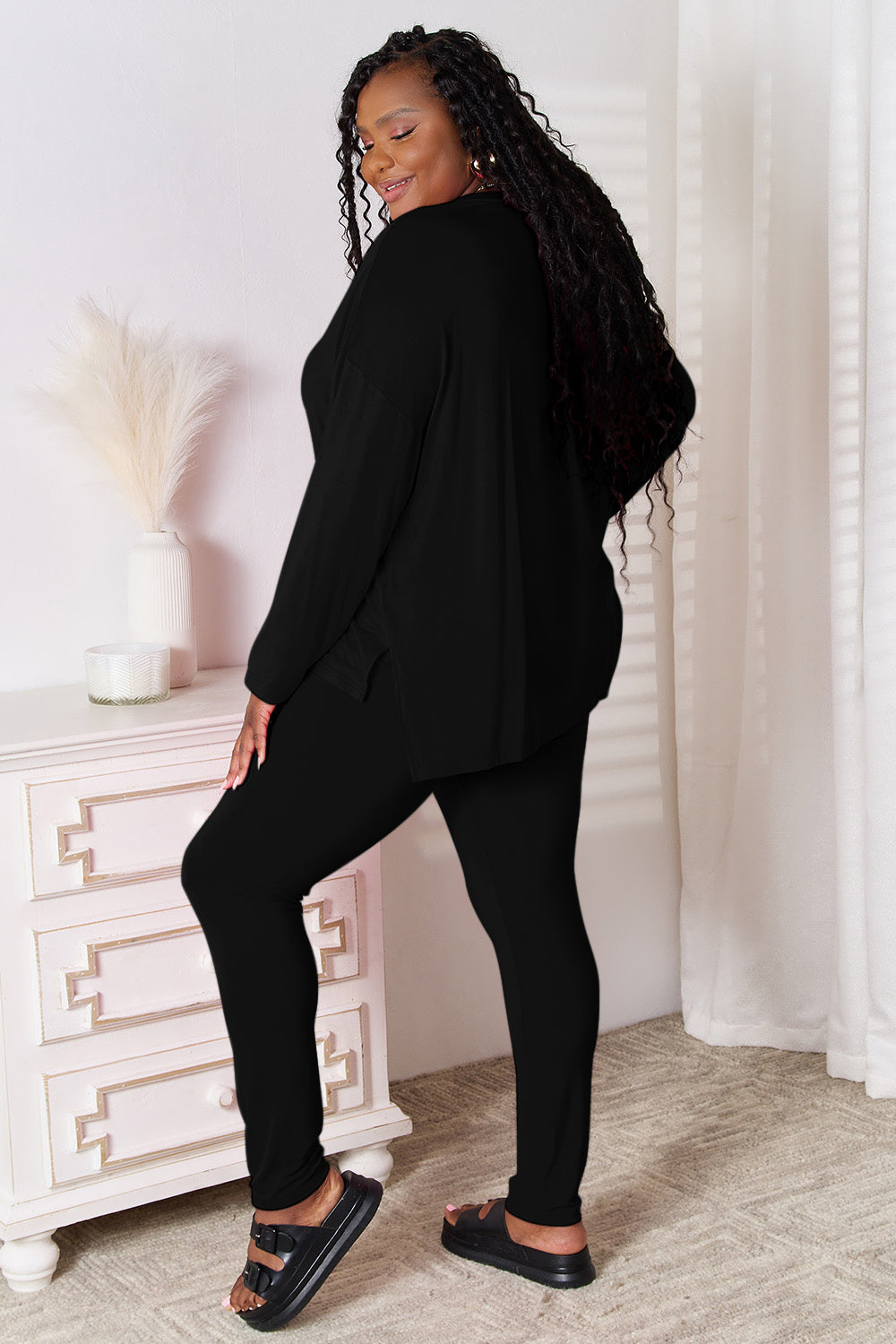 Basic Bae Bamboo Full Size V-Neck Long Sleeve Top and Pants Lounge Set - felvior
