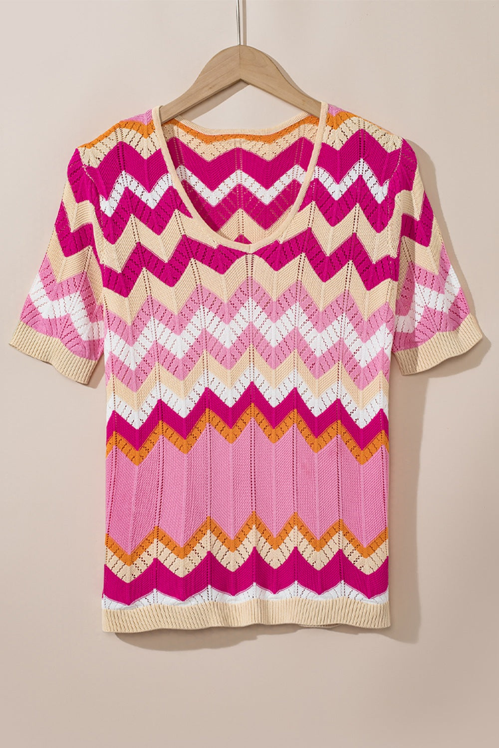 Stripe Chevron Openwork Round Neck Short Sleeve Knit Top - felvior
