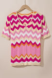 Stripe Chevron Openwork Round Neck Short Sleeve Knit Top - felvior