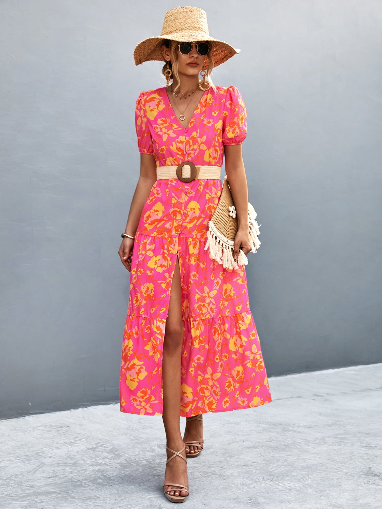 V-Neck Short Sleeve High Slit Midi Dress - felvior