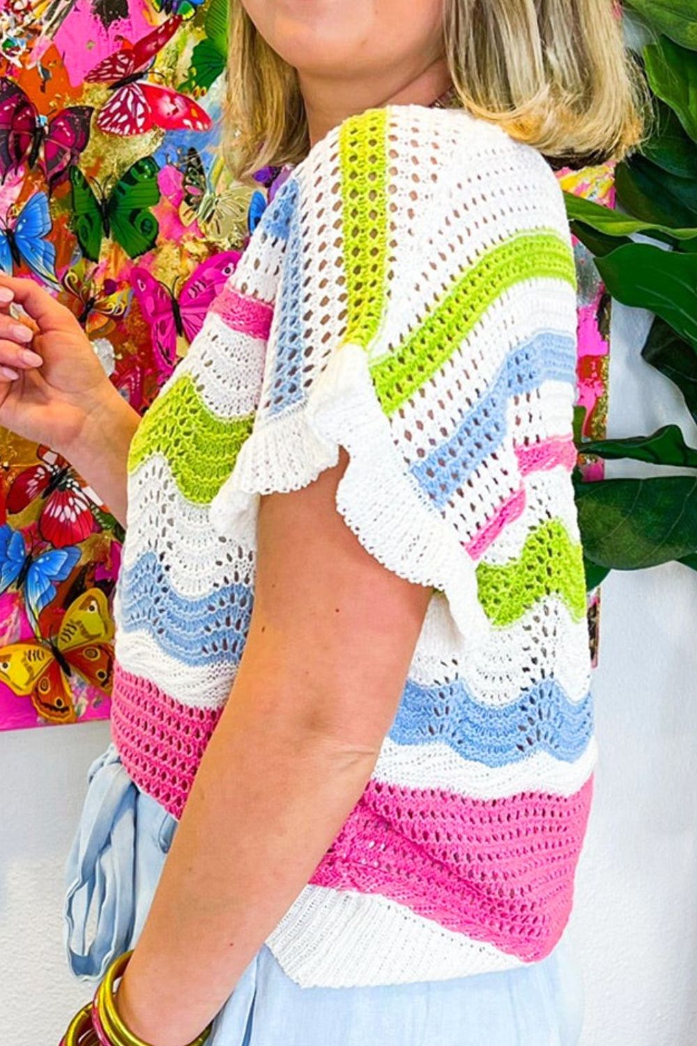 Color Block Crochet Ruffled Short Sleeve Knit Top - felvior