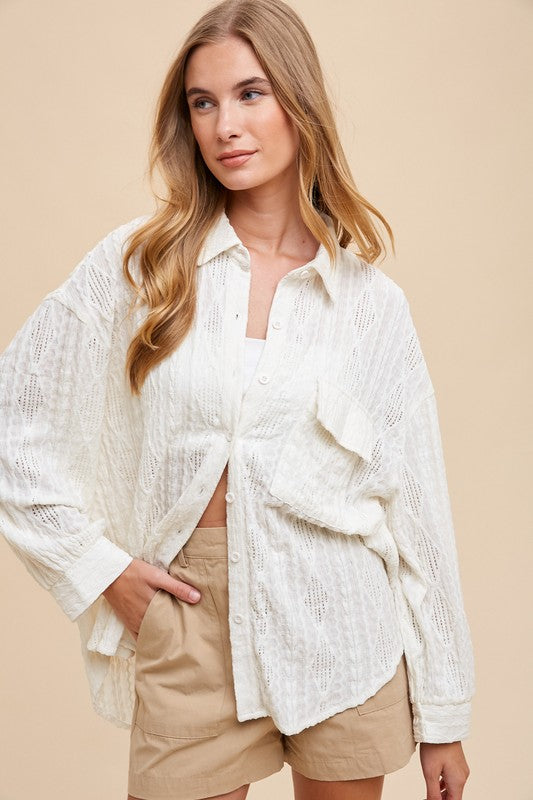 Annie Wear Openwork Button Down Drop Shoulder Shirt - felvior