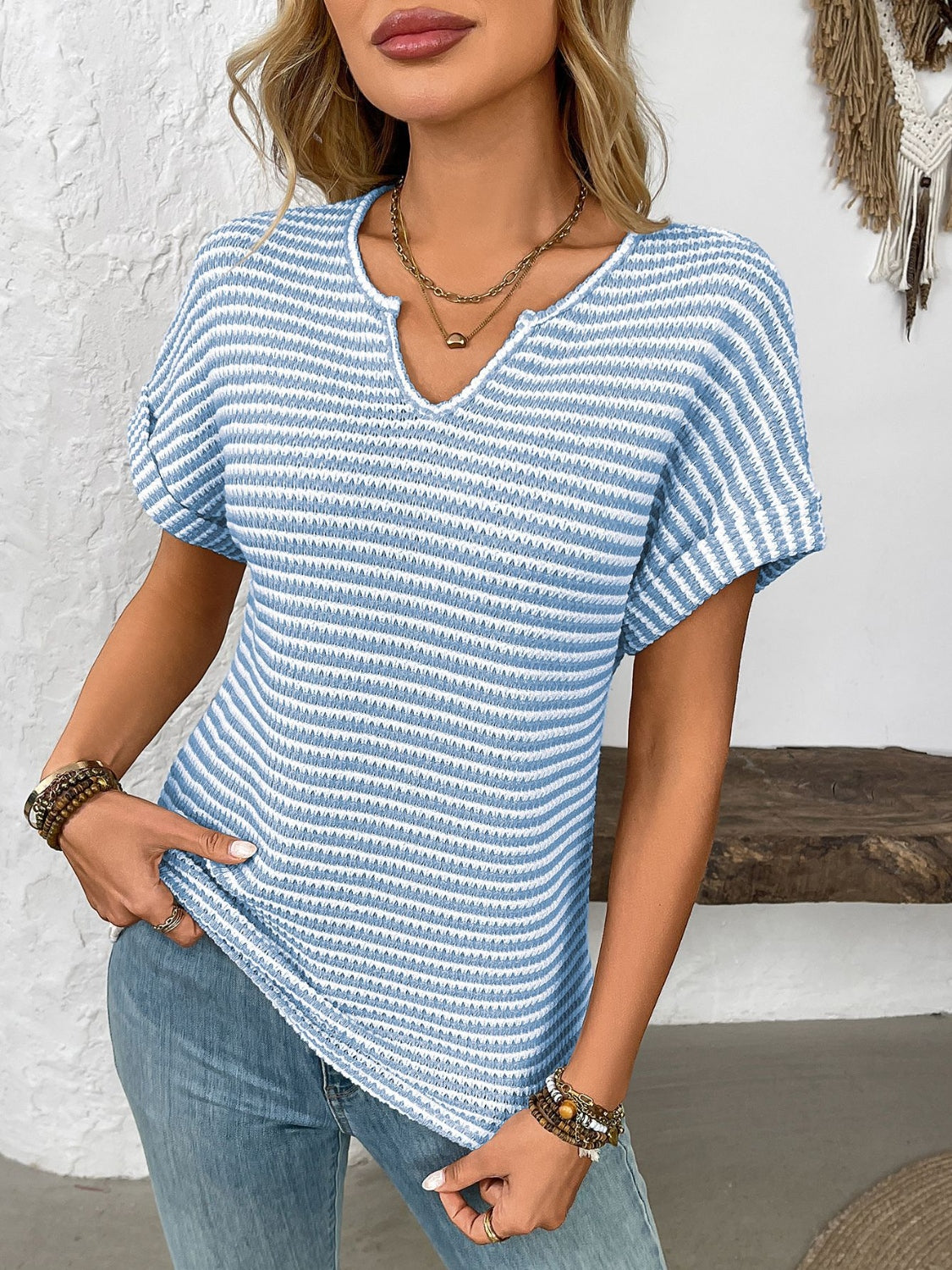 Striped Notched Short Sleeve T-Shirt