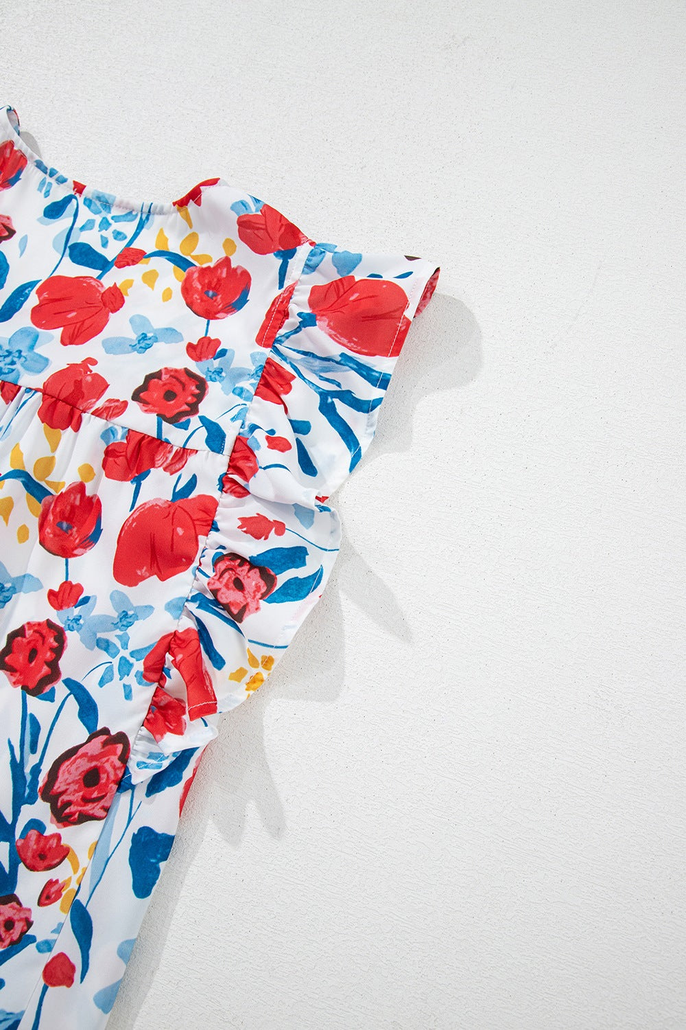 Ruffled Printed V-Neck Cap Sleeve Blouse - felvior