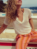 Notched Short Sleeve Knit Top - felvior