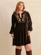 Plus Size Embroidered Notched Balloon Sleeve Mini Dress