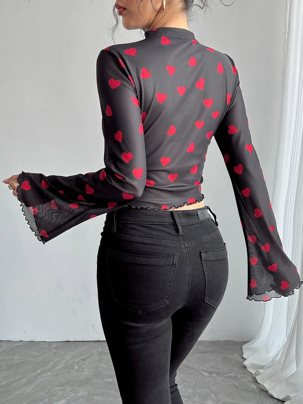Printed Mock Neck Long Sleeve Cropped T-Shirt