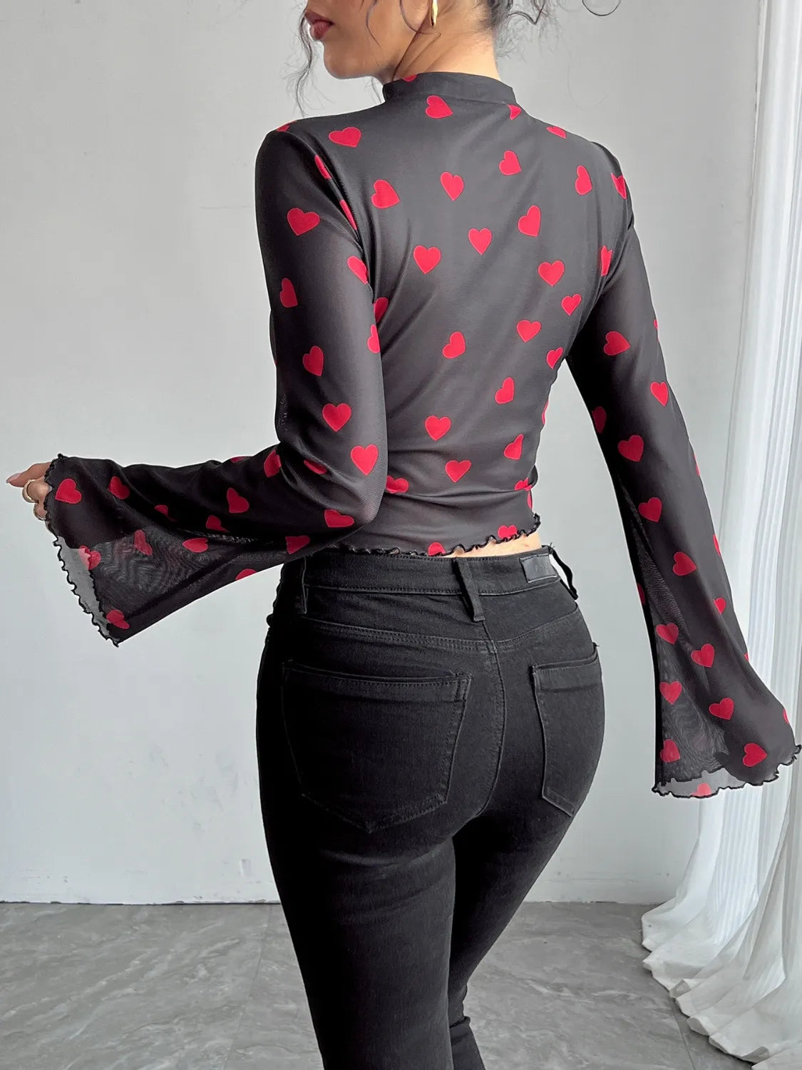 Printed Mock Neck Long Sleeve Cropped T-Shirt