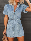 Puff Sleeve Button Up Mini Denim Dress - felvior