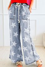 Star Print Washed Drawstring High Waist Wide Leg Jeans