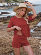 Round Neck Short Sleeve Top and Shorts Sweater Set