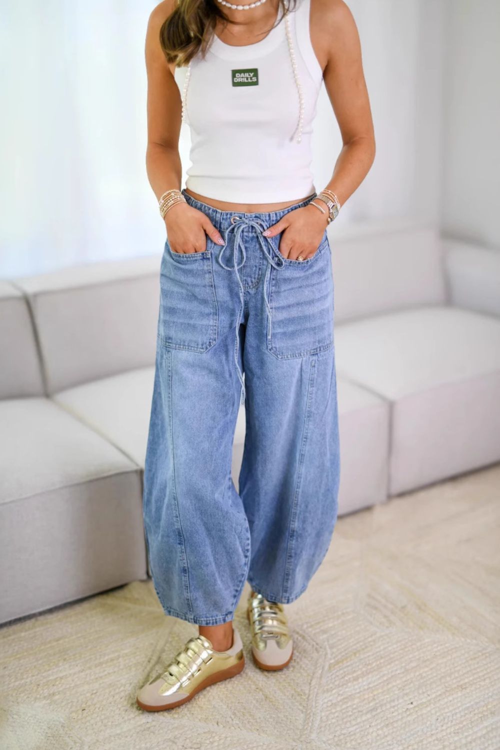Drawstring Jeans with Pockets - felvior