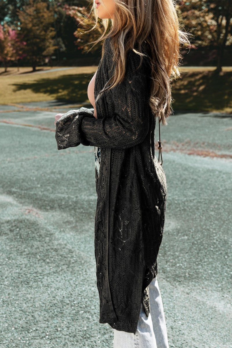 Openwork Open Front Long Sleeve Cardigan - felvior